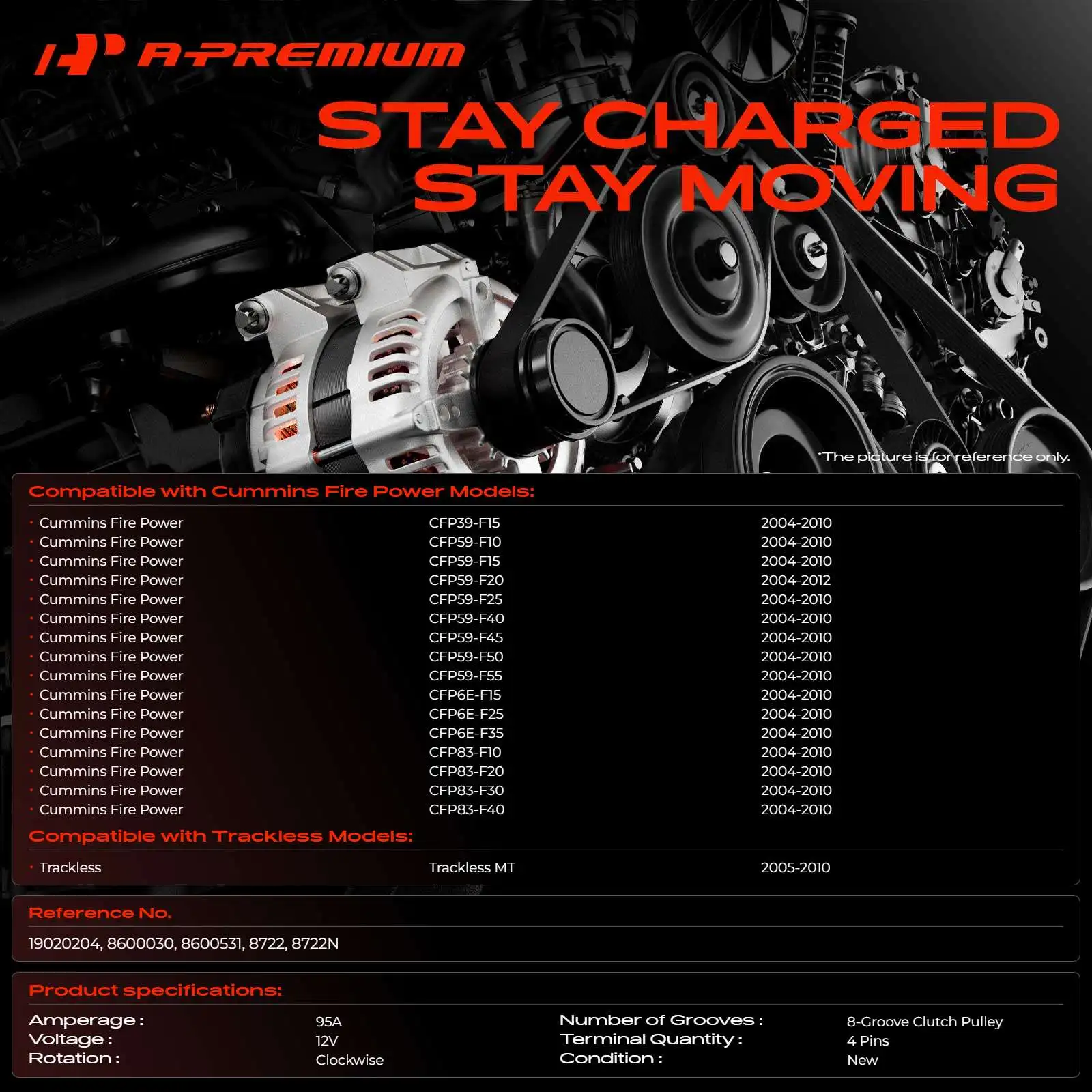 A-Premium Alternator for Trackless TRACKLESS MT 2005-2010 Cummins Fire Power CFP39-F15 CFP59-F10 CFP59-F15 2004-2010 CFP59-F20