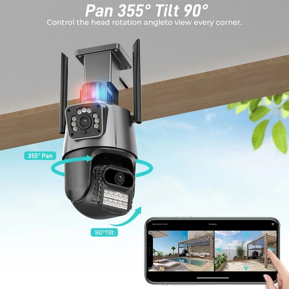 8MP WiFi Camera Outdoor Night Vision Security 4K Video Surveillance Dual Lens Dual Screen PTZ V380 Pro IP Smart Monitor CCTV