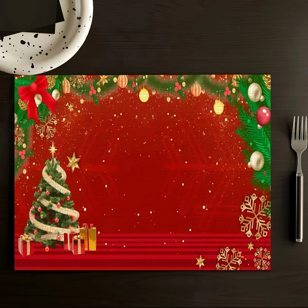 Christmas Placemats Set Red Festive Background Cushion Linen Table Mats Gift Box Printed Heat Resistant Dining Decor