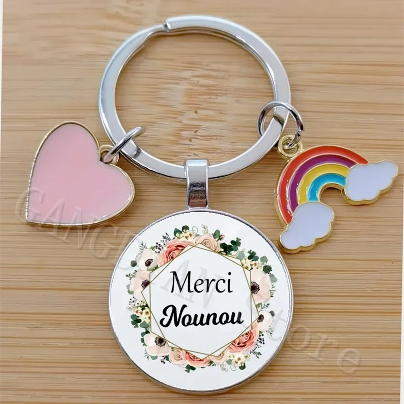 Merci Nounounou French Printed Keychain Glass Round Keychain Fashion Nounounou Best Gift