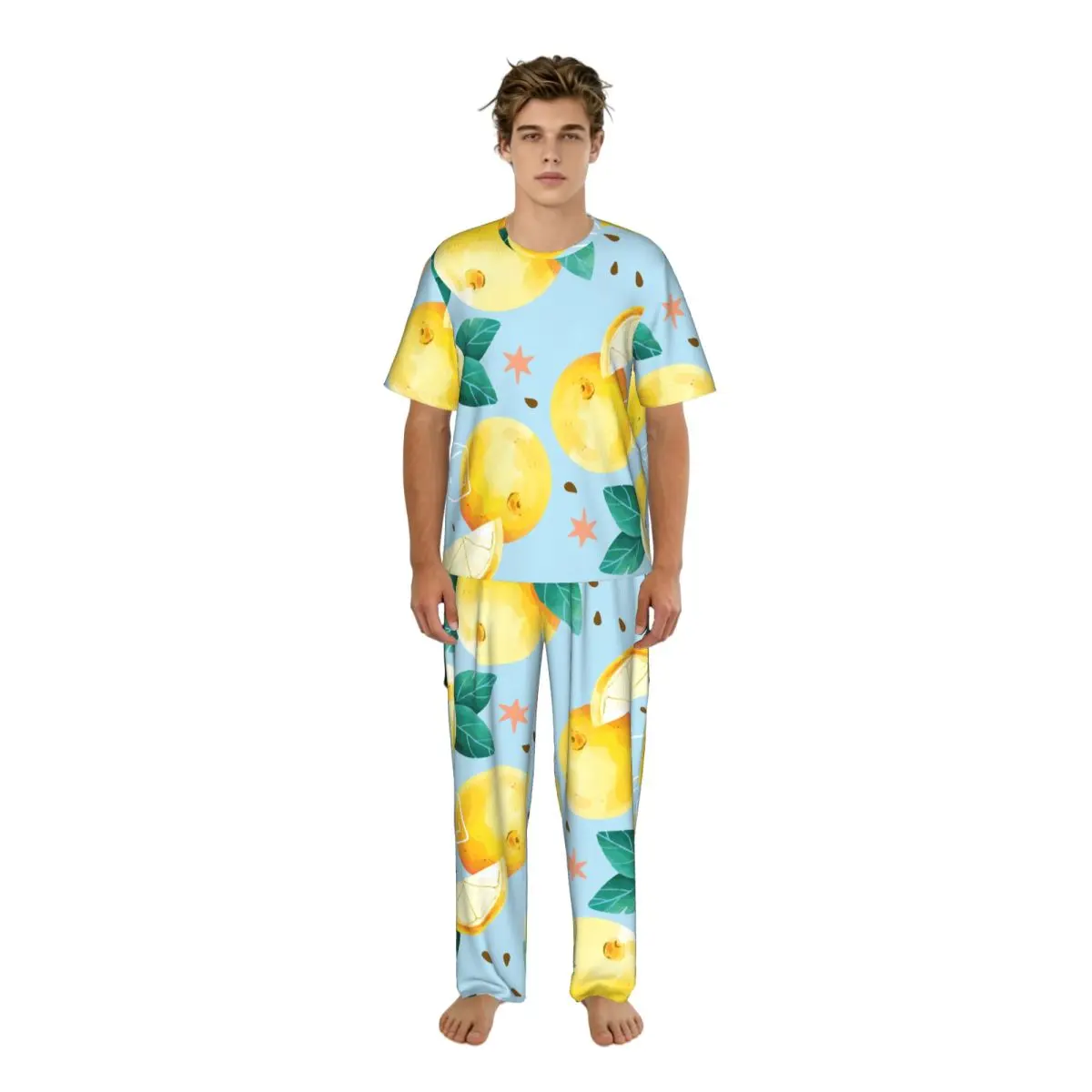 

Men Pajamas Set Watercolor Summer Lemon Short Sleeve Spring Summer Lounge Sleepwear Male Nightwear