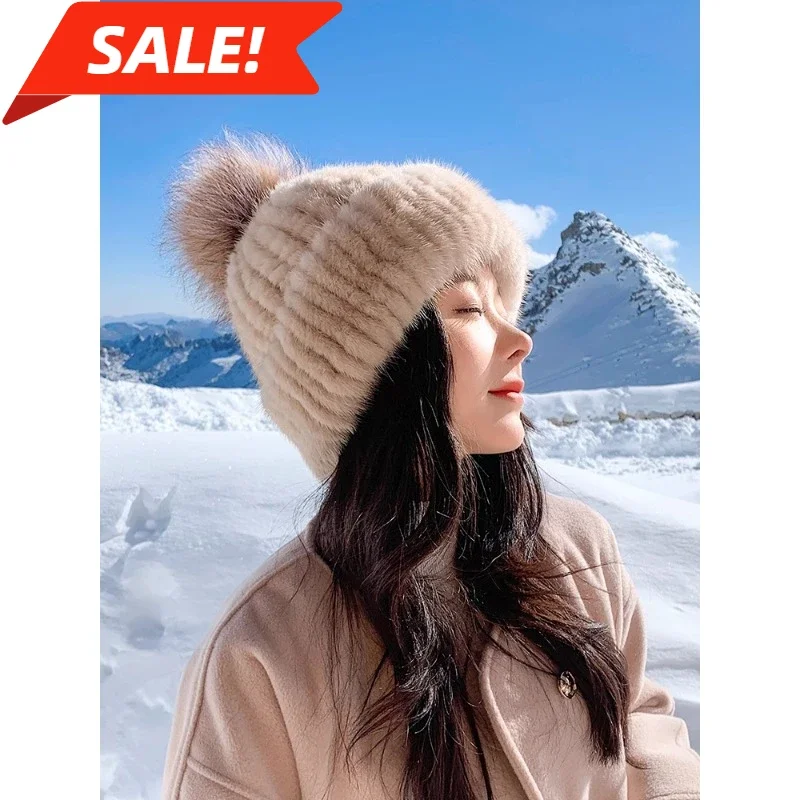 Ladies Winter Fur Hat Mink Hair Casual Weave Stretch Sweet Millinery Fox Hairball Knitted Beret