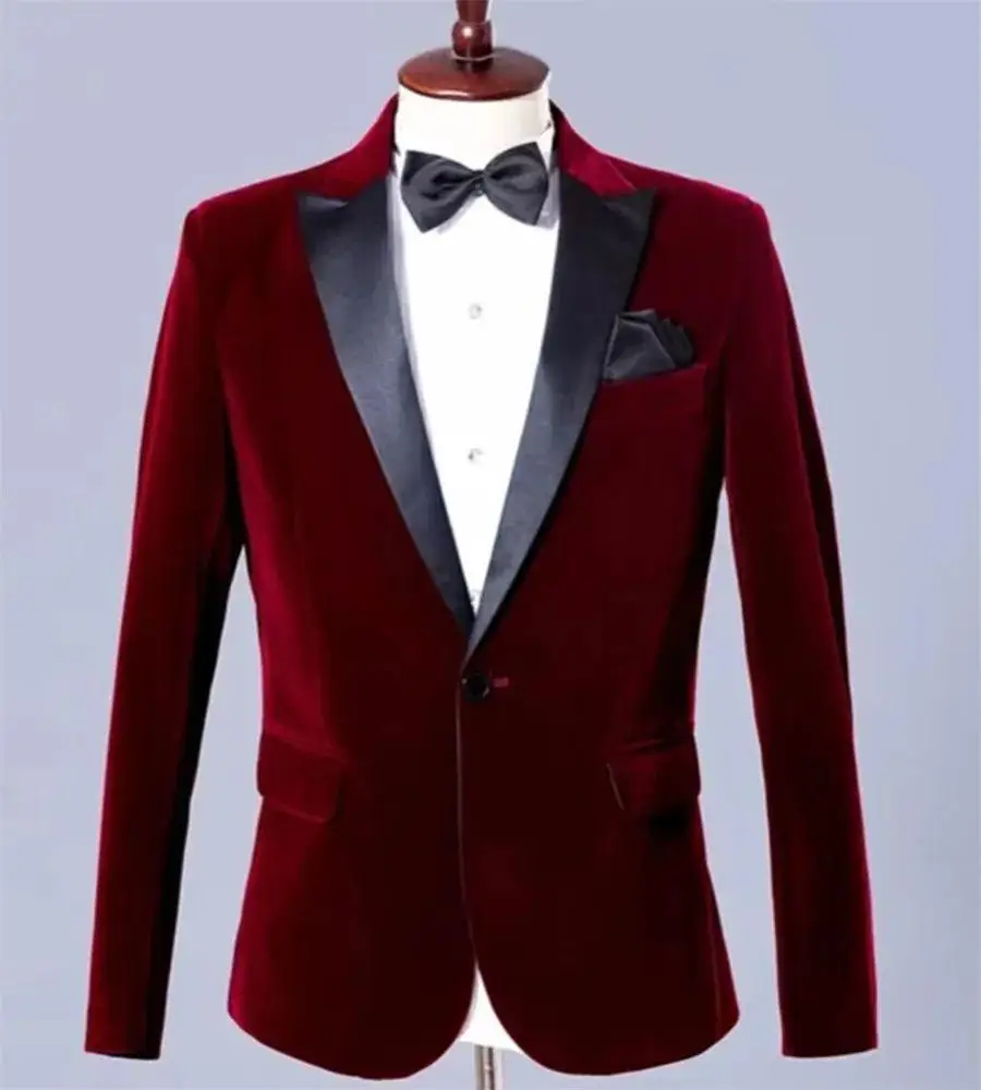 2024 Slim Fit Burgundy Peak Lapel Men\'s Suits One Button Velvet Formal Party Male Clothing Skinny Elegant Jacket 1 Piece Blazer