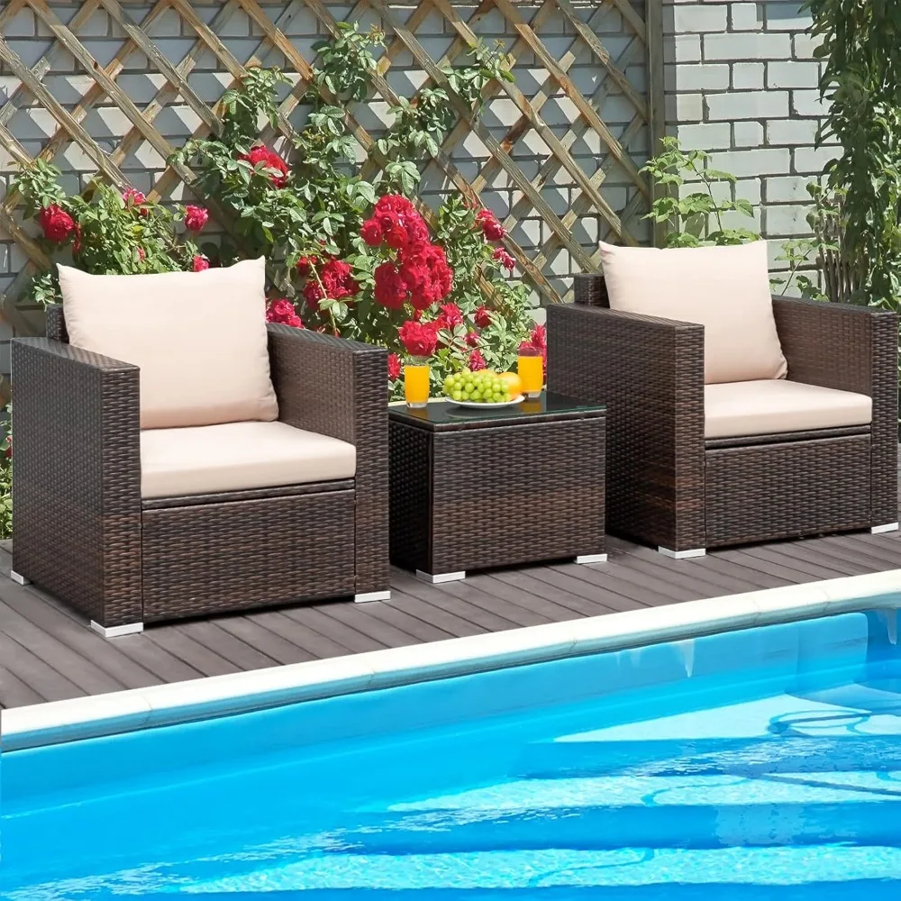

Patio Conversation Set Outdoor, 3-Piece Rattan Wicker Furniture Set with Water-Resistant Cushion & Tempered Glass Tabletop, Pati