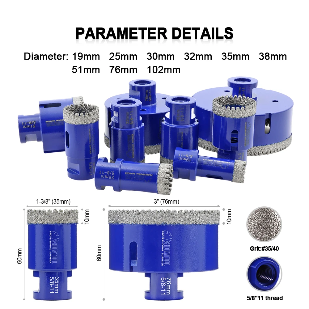 SHDIATOOL 1Pc Diamond Drill Bit Dia 19-102mm Drilling Crowns Hole Saw Cutter Ceramic Tile Porcelain Marble Granite 5 8-11 Thread