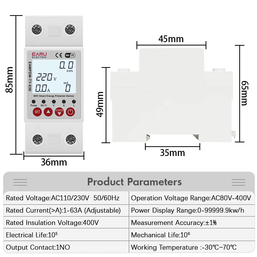 2P 63A TUYA APP WiFi Smart Circuit Earth Leakage Over Under Voltage Protector Relay Device Switch Breaker Energy Power kWh Meter