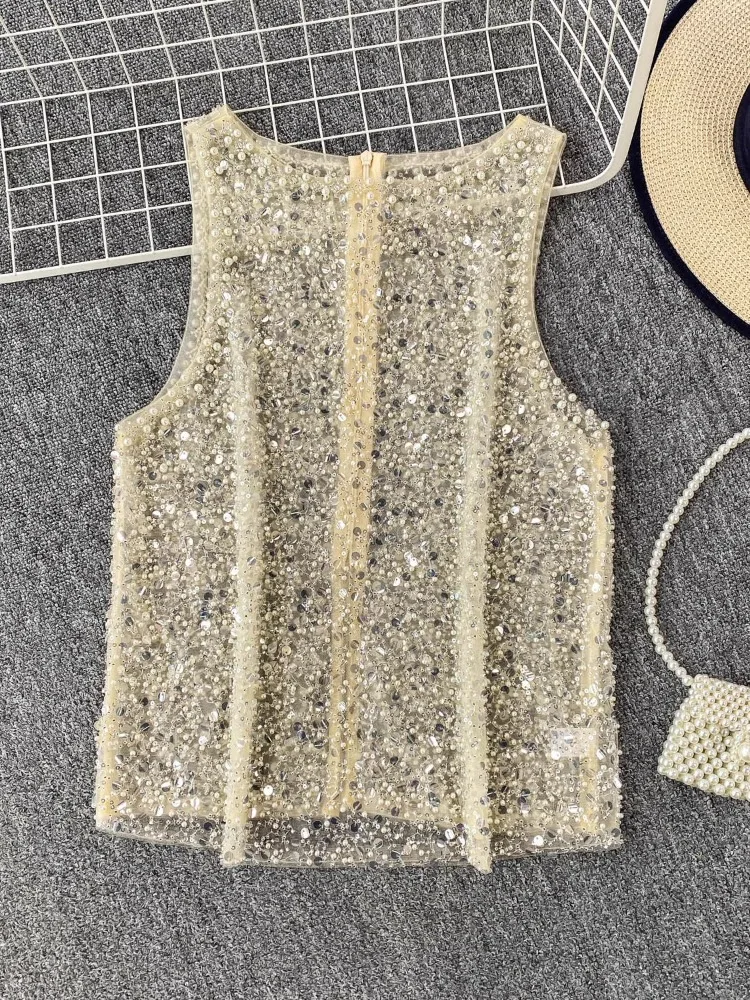 

High Quality Tops 2025 Summer Women's Casual Hollow Nail Bead Sequin Round Neck Sleeveless Slim Fit Comfortable Vest Sheer Tank