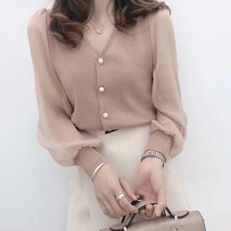 

2022 Women's Spring Autumn Style Chiffon Blouses Shirt Women's Knitted Button Long Sleeve Solid Color Lace Patchwork Tops