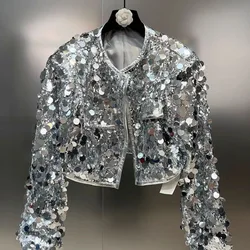 Coat Girl Autumn New Round Neck Long Sleeves Glitter Loose Europe and America Fashion Silvery Children Simple 2024
