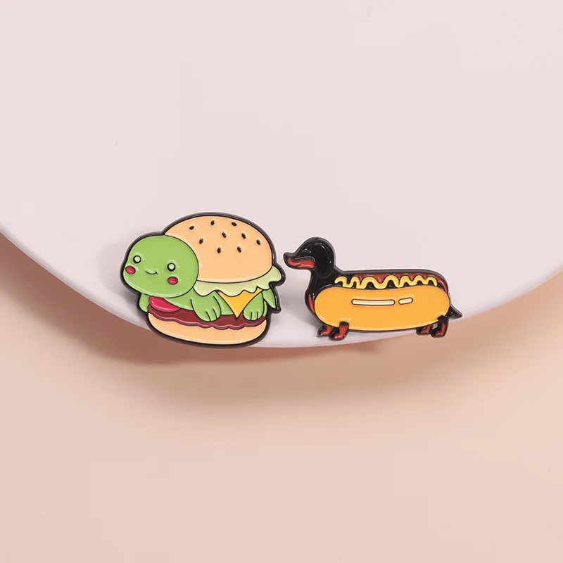 Caton Burger Tortoise Enamel Brooch Sausage Dog Lapel Pin Custom Cute Animal Food Badge Punk Clothes Funny Jewelry Gift For Kids