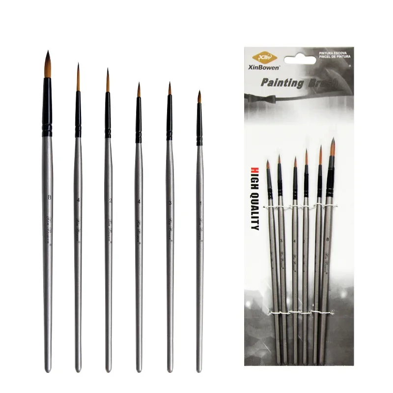 

6 pcs High quality round pointed watercolor nylon hook line pen Silver wooden short rod brush sets Oil brush art supplies
