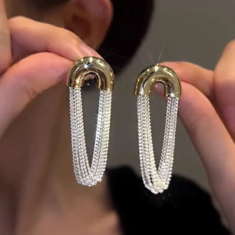 Mode Metall U Form Quaste Kette Ohrringe Für Frauen Elegante Silber Farbe Multi Schicht Geometrische Persönlichkeit Ohrringe Schmuck