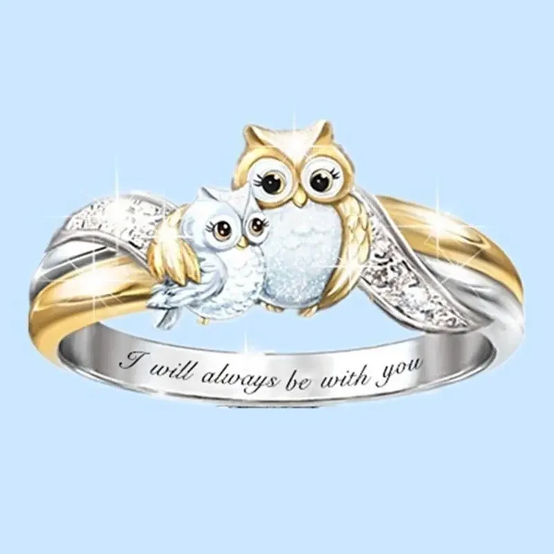 I Will Always Be with You Rings for Women Girls Fashion Cute Mother Kids Owl Rings AAA Crystal Ring Jewelry Birthday Gifts