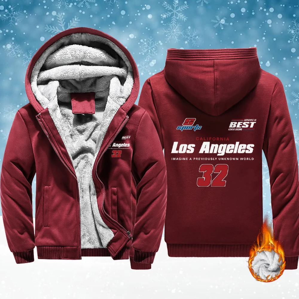 

Los Angeles California Number 32 Printing Male Fleece Jackets Winter Zip-Up Hoodie Thicken Warm Veste Comfy Soft Streetwear