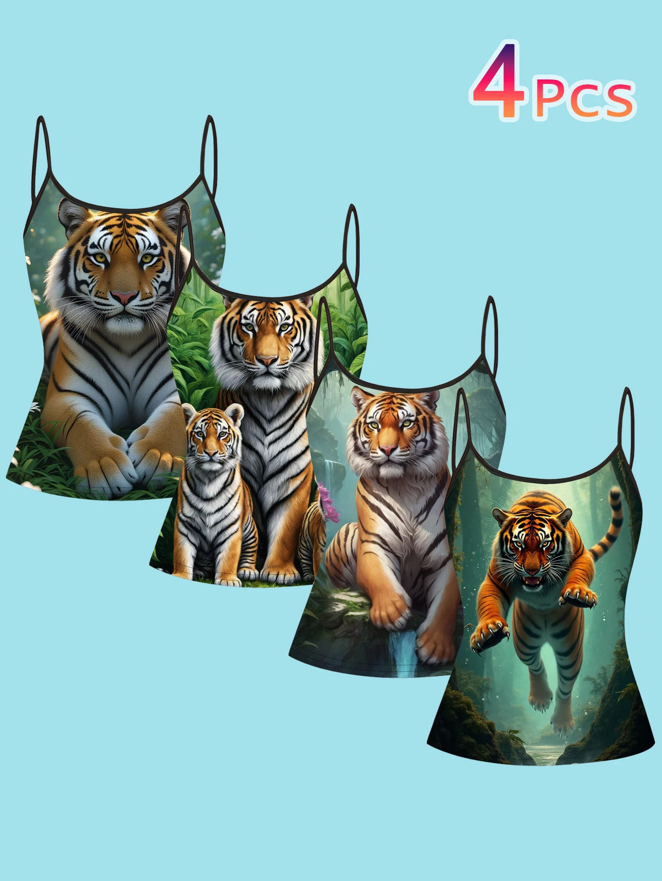 4-Piece Set of Women's Jungle Tiger Realistic Print Spaghetti Strap Camisole Slim Fit Inner Layering Tops