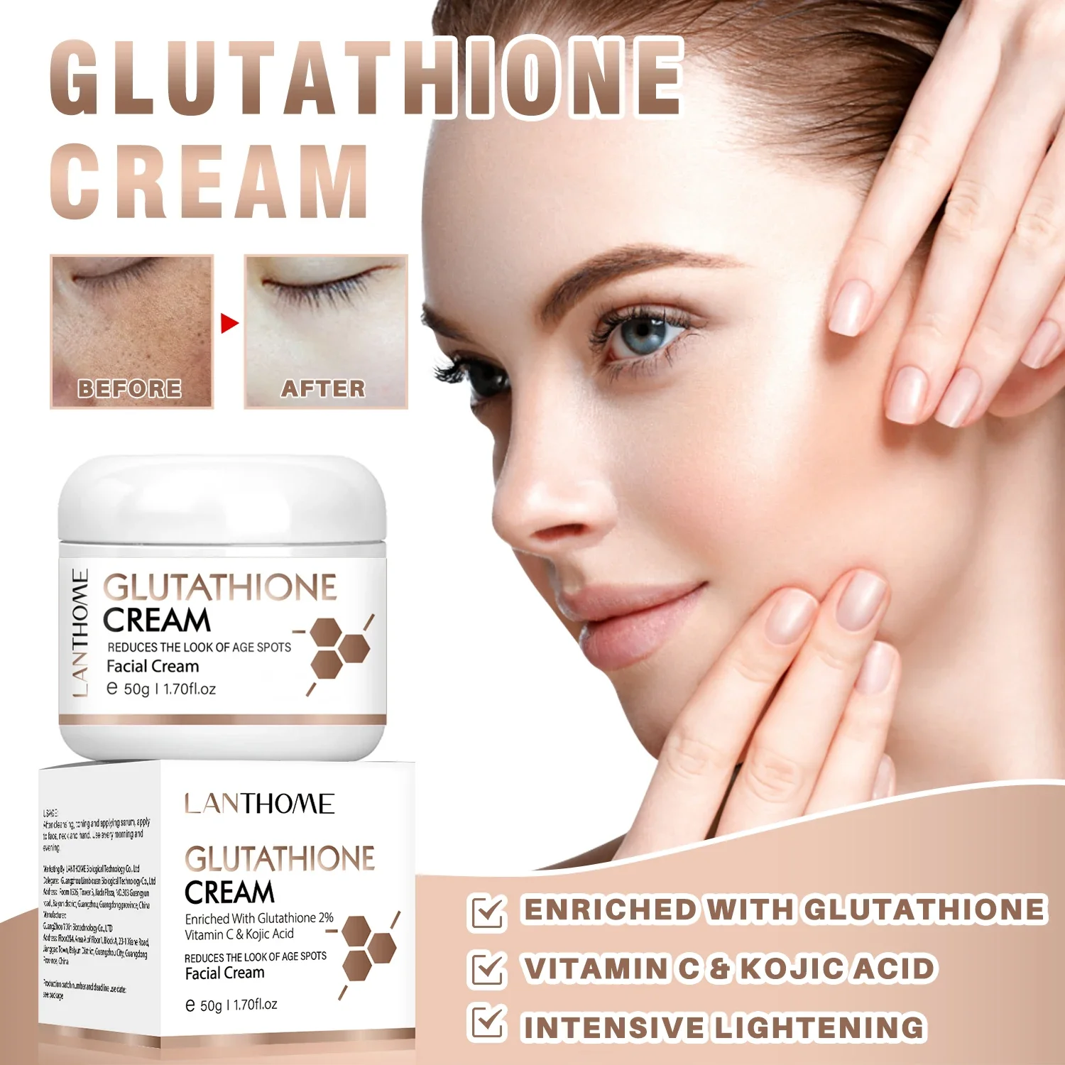 Glutathione Face Cream Face Care Vitamin C Kojic Acid Complexion Whitening Facial Nourishment Eliminates Renews Skin Vitality