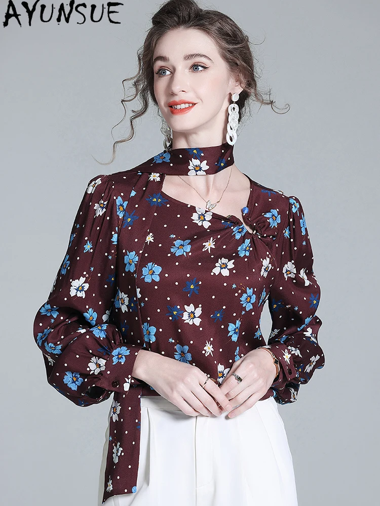 

AYUNSUE 95% Mulberry Silk Elegant Blouse Women 2025 Spring Autumn Clothes Fashion Womens Tops and Blouses Ribbon Блузка Женская