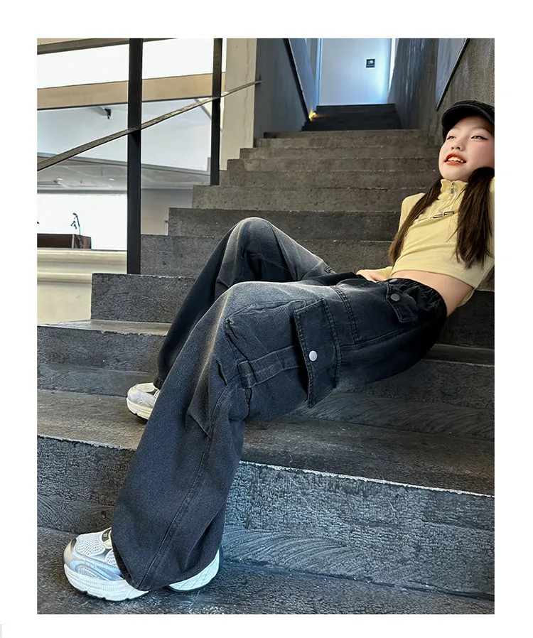 Mädchen Frühling Herbst Cargo Weite Bein Jeans 4-14 Jahre Kinder Elastische Hohe Taille Multi-Taschen Lose Freizeithose – Detail 17
