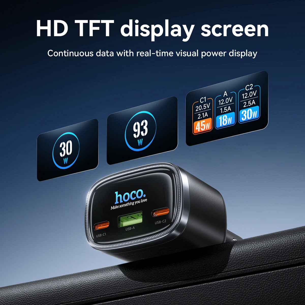 HOCO Z70 TFT PD93W Digital Display Car Charger Fast Charging For iPhone 17/16 Pro Max Dual Type C PD Adapter in Car Lighter Slot