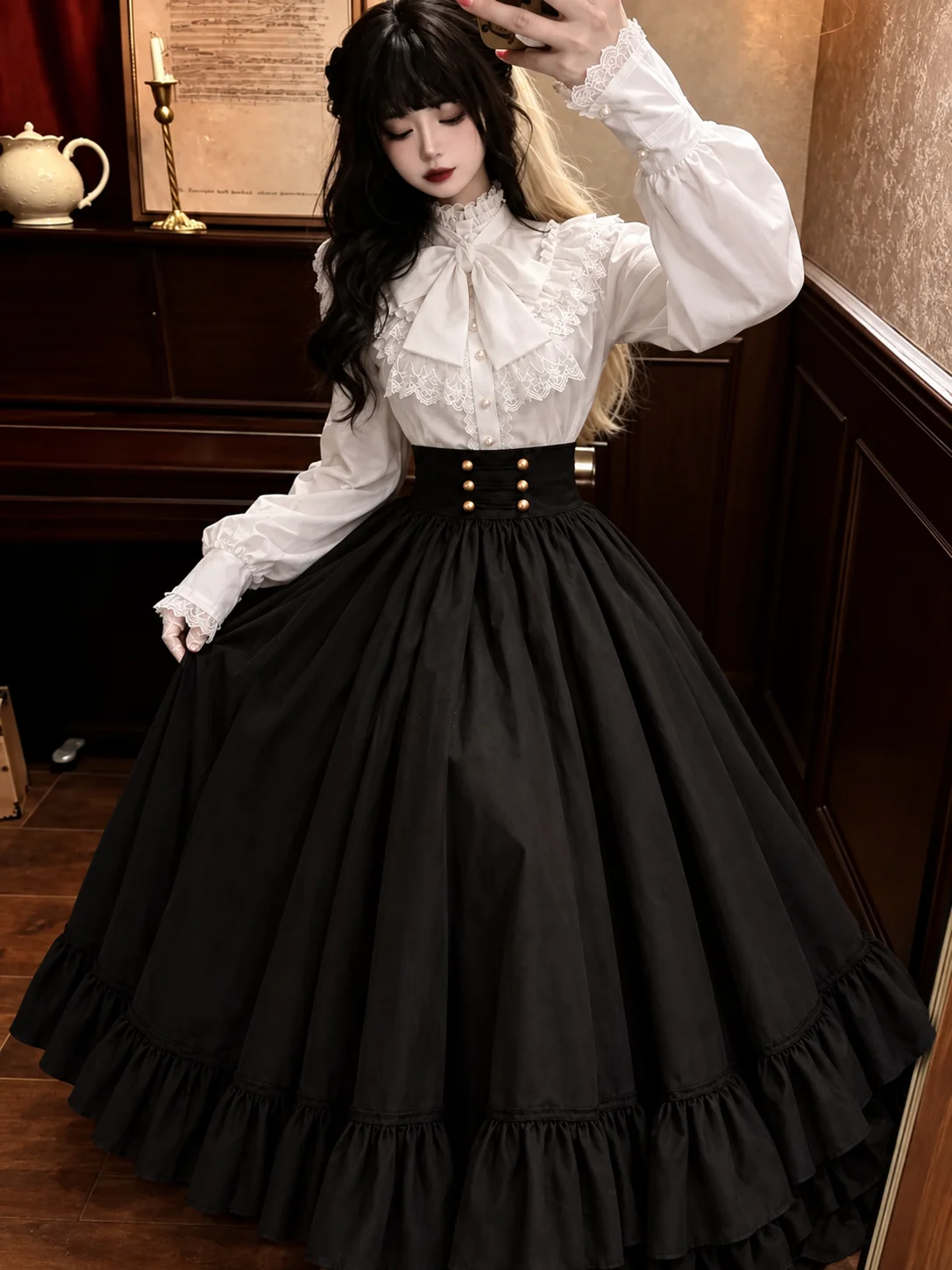 Women Harajuku Gothic Two Piece Matching Suit Retro Elegant Shirt A-line Skirt Subculture Street Outfit Daily