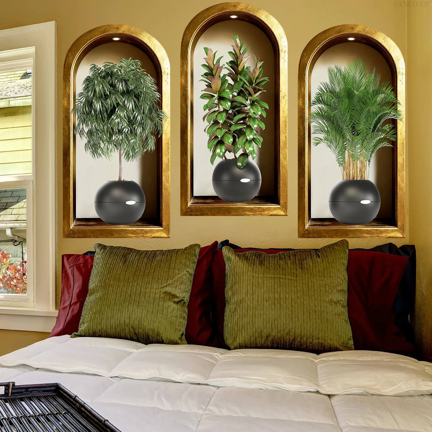3pcs/set Green Plants Simulated Archway Niche Potted Plant Painting Wall Stickers Bedroom Peel & Stick Art Mural Wallpaper