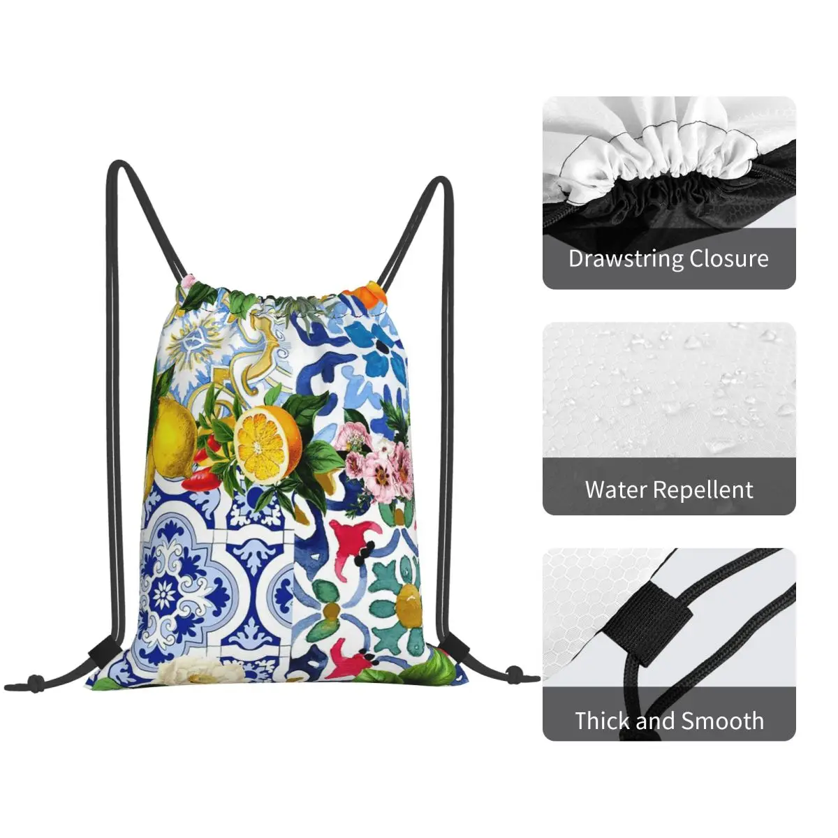 Sicilian Tiles,mediterranean,mosaic,lemons Backpacks Casual Drawstring Bags Sports Bag Book Bags for Man Woman Students
