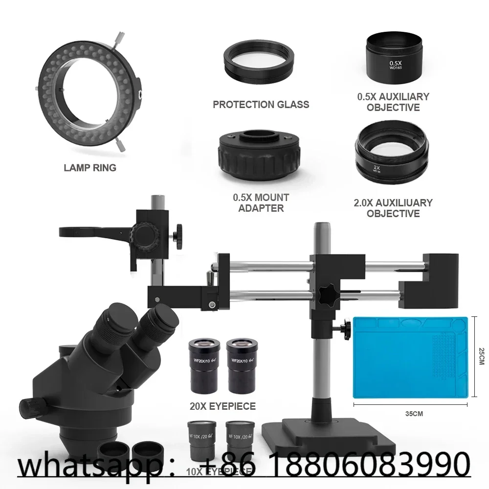 Double arm Boom 3.5-180X Stand Synchronous focus Continuous Zoom Trinocular stereo microscope jewelry for repair