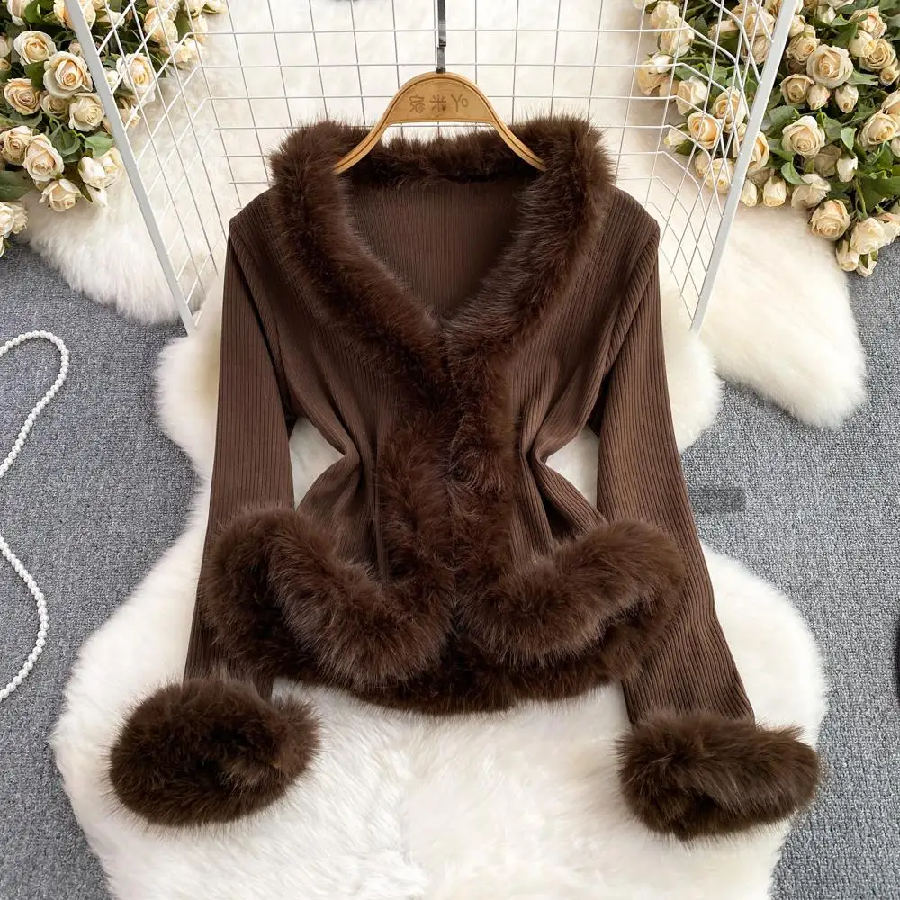 

Осень-зима, корейский Sle Pure Desire V-Ne Splice Bell Sve, утягивающий меховой свитер, женская повседневная верхняя одежда, топ