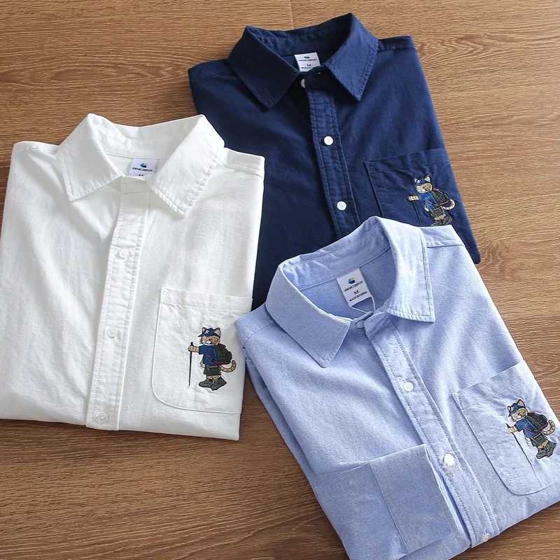 

Spring Men's Waed Pure Cotton Ox Cloth Loose Embroidered Color Casual Long Sve irt Comfortable Breathable