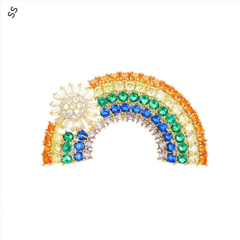 

All Matched Gemstone Zircon Gold Brooches for Women's Garment or Bags Decoration Accessories Pins Fashion Rainbow Corsages