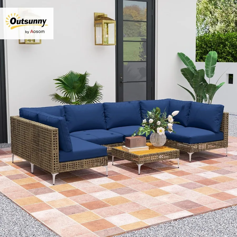 7 Piece Modular Outdoor Patio Furniture Set with Thickened Cushions for Backyard Relaxation Rattan Sectional Conversation Set F
