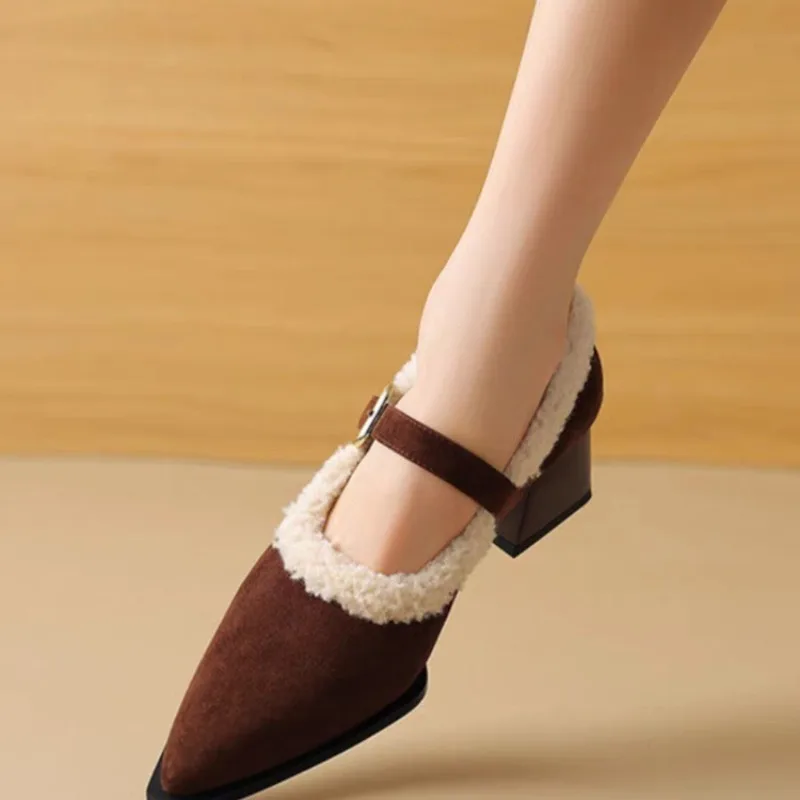 2024Elegant Metal Buckle Mary Janes  Chic  Brand Design Fur Low Heel Dress Shoes Ladies Winter Warm Plush Belt Pump Zapatos