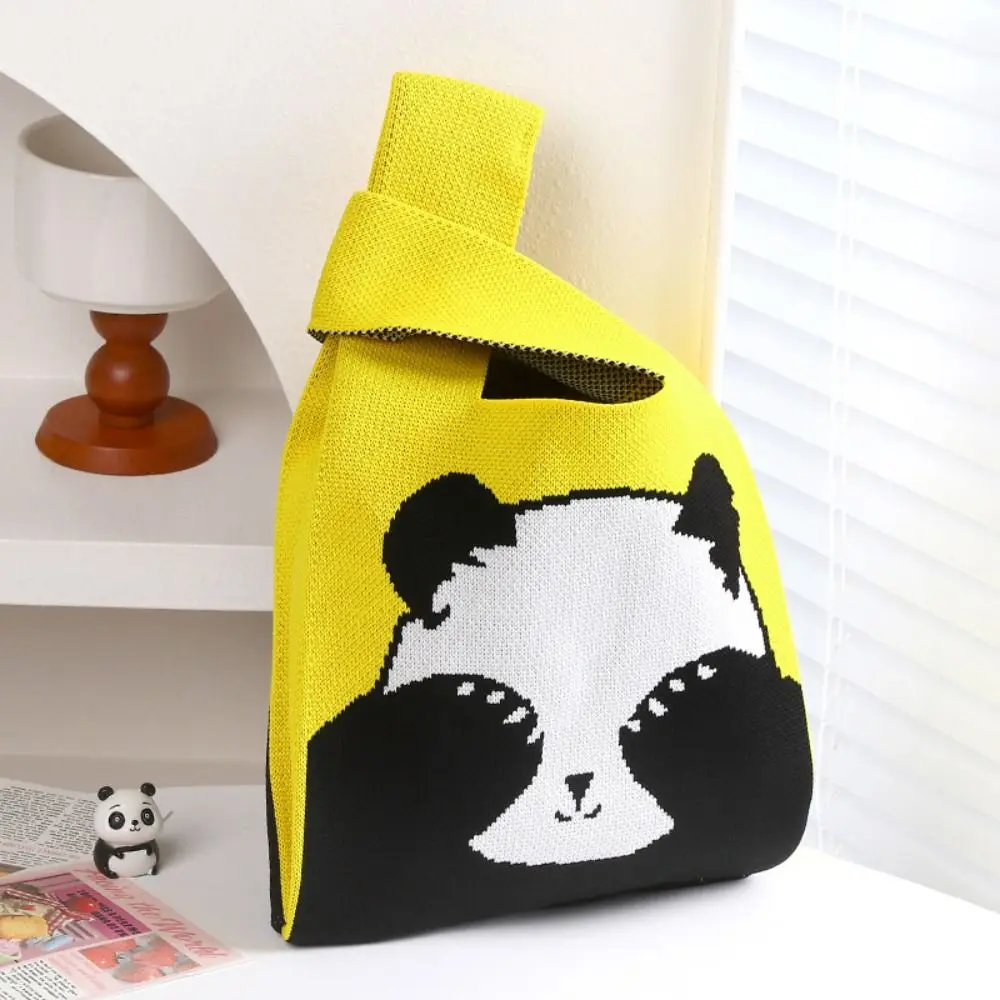 Cute Cartoon Panda Knit Handbag Women Knot Wrist Bag Casual Color Wide Tote Bag Student Shopping Bag For Women