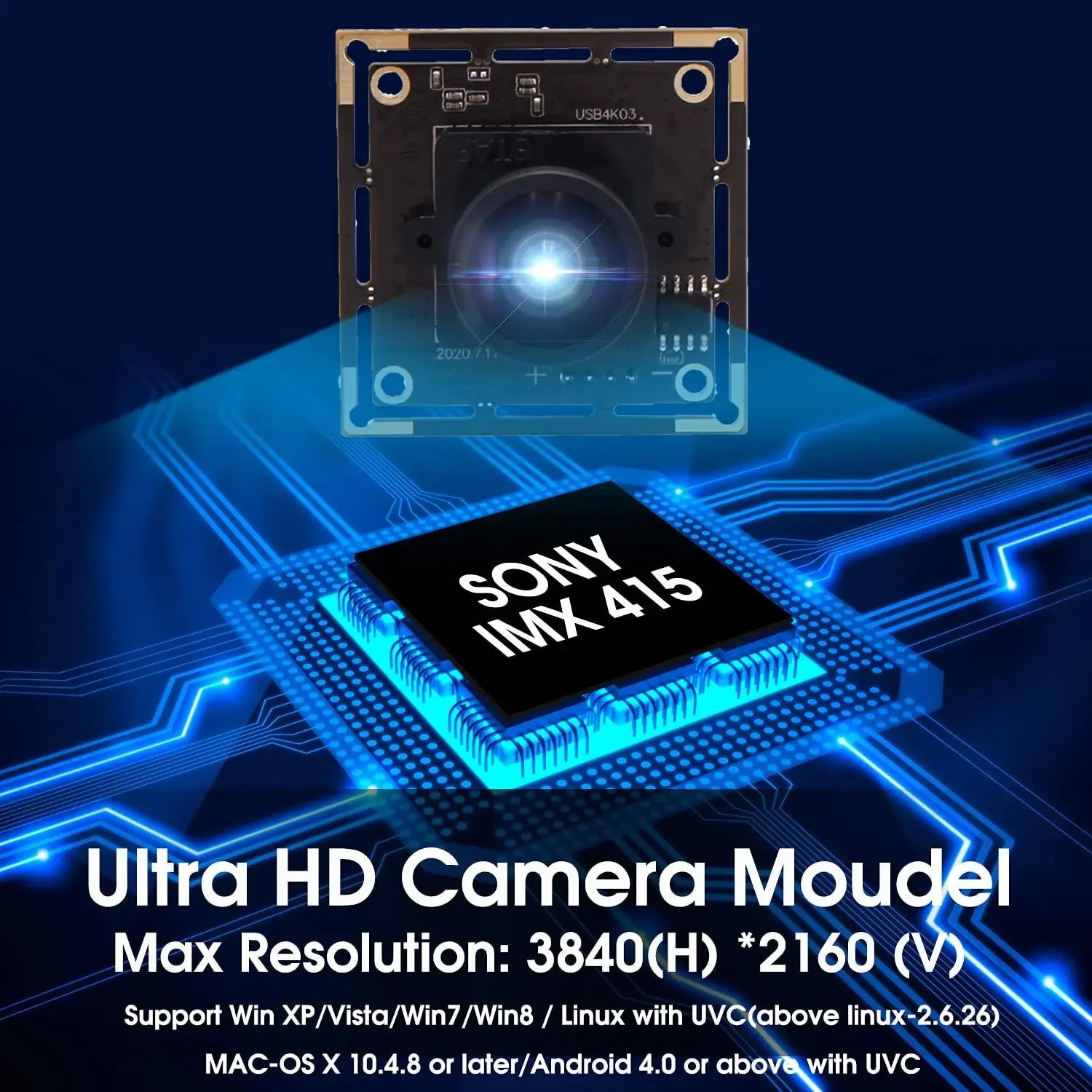 Módulo de câmera USB grande angular ELP 4K 2160P 30fps CMOS IMX415 USB Webcam com 110 graus sem lente de distorção para segurança doméstica