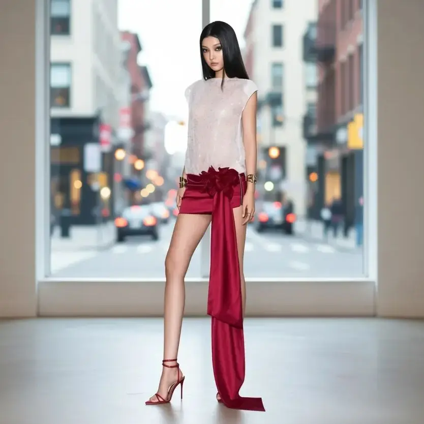 

Luxury Burgundy Satin Asymmetrical Mini Skirt with Floral Appliqué Floor‑Length Train High‑Waisted Bodycon Evening Party Gown