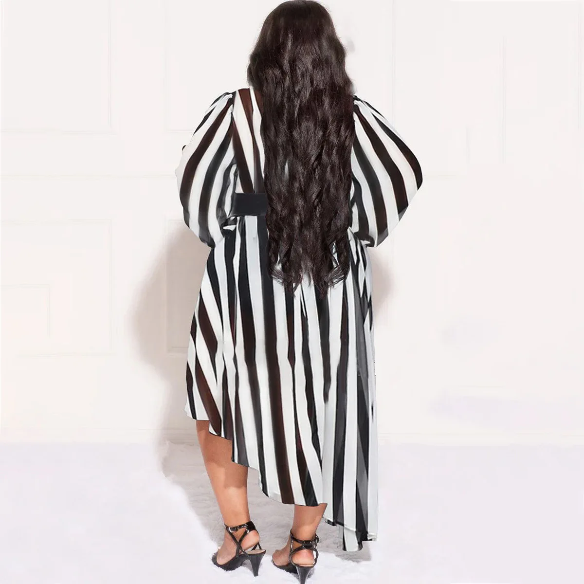 Mulheres Soltas Vestidos Irregulares, Manga Comprida, Stripe Printing, Roupas Femininas Casual, Tamanhos Grandes, Frete de Outono, Atacado, Outono, 2022, L-4XL