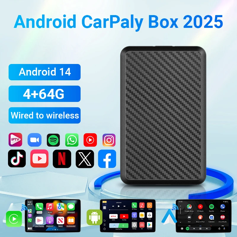 Android14 Wired to Wireless CarPlay Ai Box Android Auto 3in1 For Youtube Nexflit 4Cores 4G+64G Plug and Play For Audi Mazda Benz