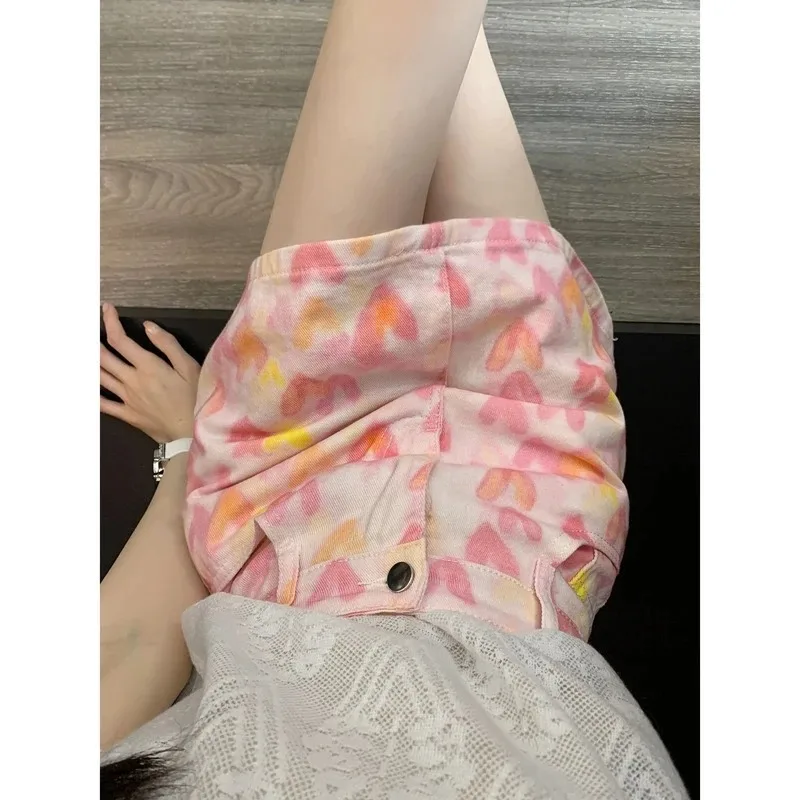 

OIQERE 2026 New Pink Denim Mini Skirt Women High Waist Heart Print Jean Skirt Streetwear A-Line Casual Summer Short Skirt