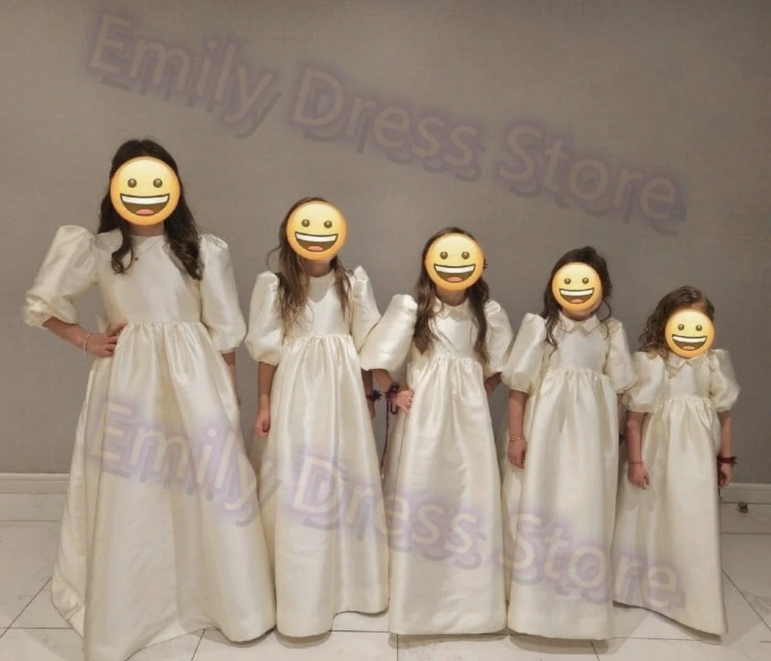 Customized Bridesmaid Ivory Flower Girl Dress For Wedding Puffy Half Sleeves Satin Kids Birthday First Communion Ball Gown