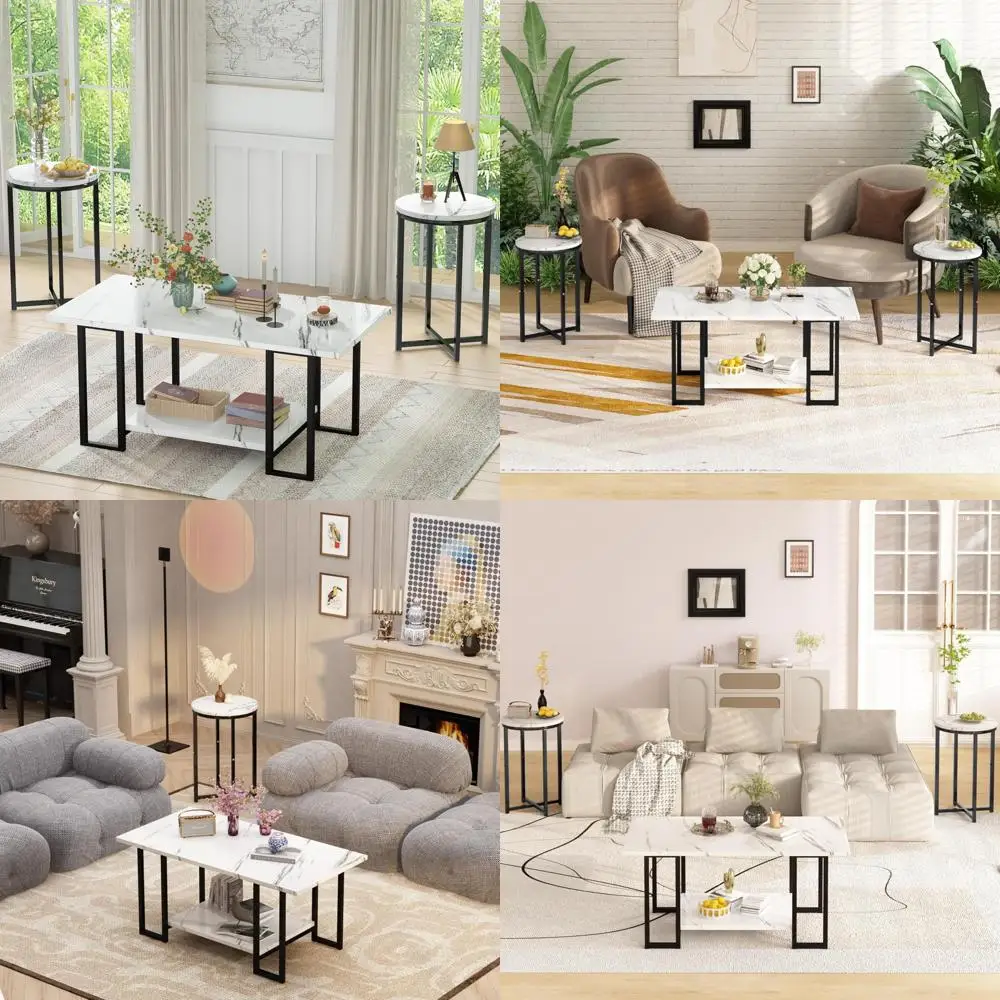 

Faux Marble 3-Piece Living Room Table Set with Metal Frame Coffee Table and Two Round End Side Tables