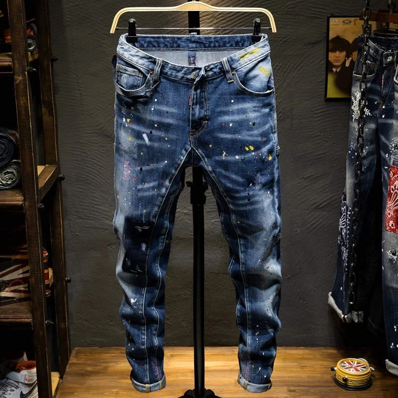 

High Street Fashion Men Jeans Retro Blue Stretch Slim Fit Painted Ripped Jeans Men Spliced Designer Hip Hop Vintage Denim Pants