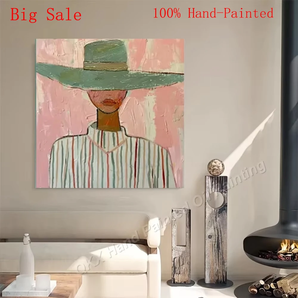 Modern Minimalist Hand-Painted Oil Painting Abstract Canvas Wall Art Decor, Striped Textured Hat-Wearing Figure for Living Room