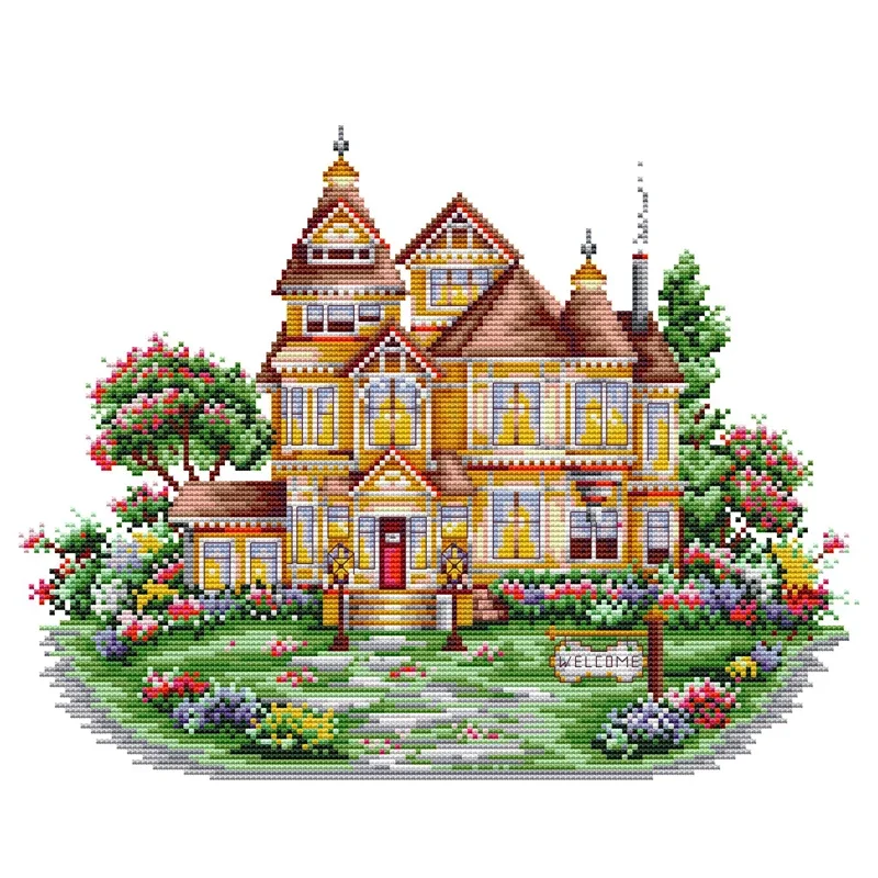 Joy Sunday Cross Stitch Kit Garden Villa 11CT 14CT Printed Cross Stitch Embroidery Kit Set Crosstitch Kit DIY Craft Needlework