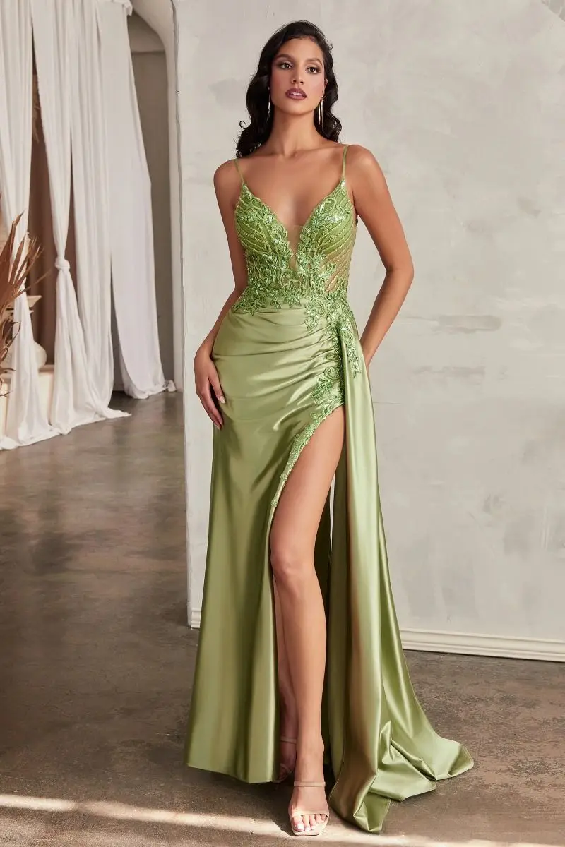 Thin Straps Satin V-Neckline Leg Slit Prom Dress With Appliques Side Satin Sash Zipper Closure Wedding Guest Ruchedفساتين حفلة م