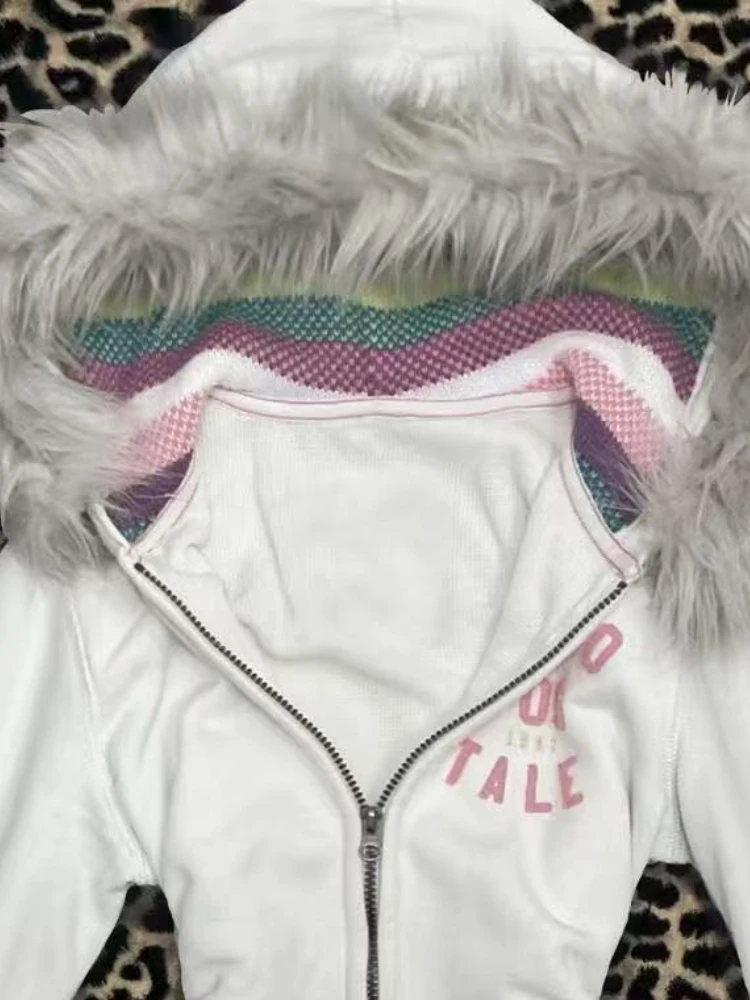 الخريف أزياء خمر طويلة الأكمام هوديي المرأة تصميم شارع العليا الأبيض سليم سستة المرقعة معطف الساخن فتاة Y2k سترة أنيقة