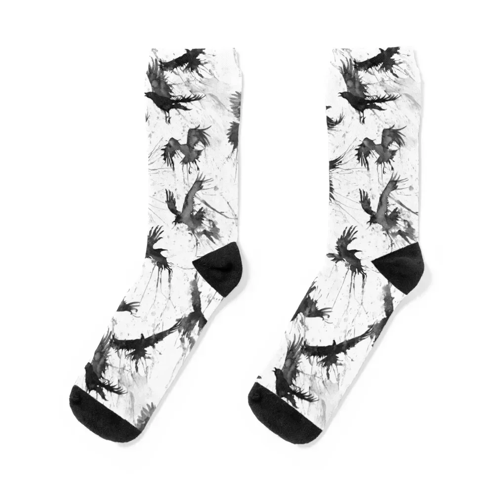 

Crows in watercolor on white sky, ravens Socks christmas stocking hockey Soccer ankle Socks Male Women's