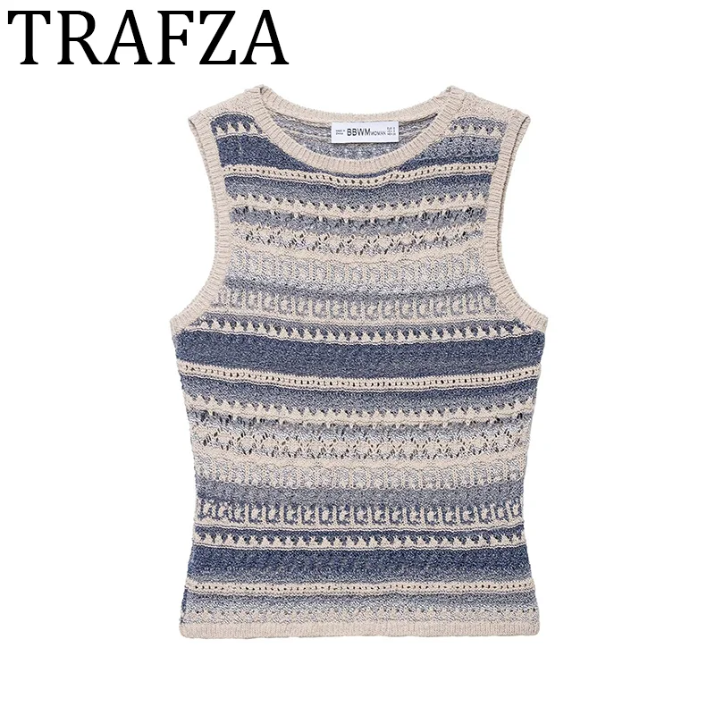 

TRAFZA Woman 2025 Blue Striped Textured Knit Sleeveless Top Female Sweater Pullovers Waistcoat Autumn Fashion Short Top Vest