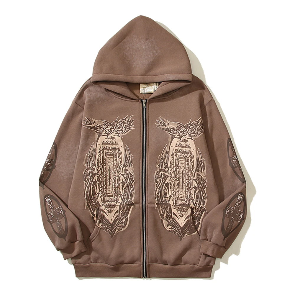 Y2k High Street Mud Dyed Embossed Print Zipper Hooded Hoodies Unisex Cardigan Ropa Hombre Fleece Baggy Sweatshirts Oversized