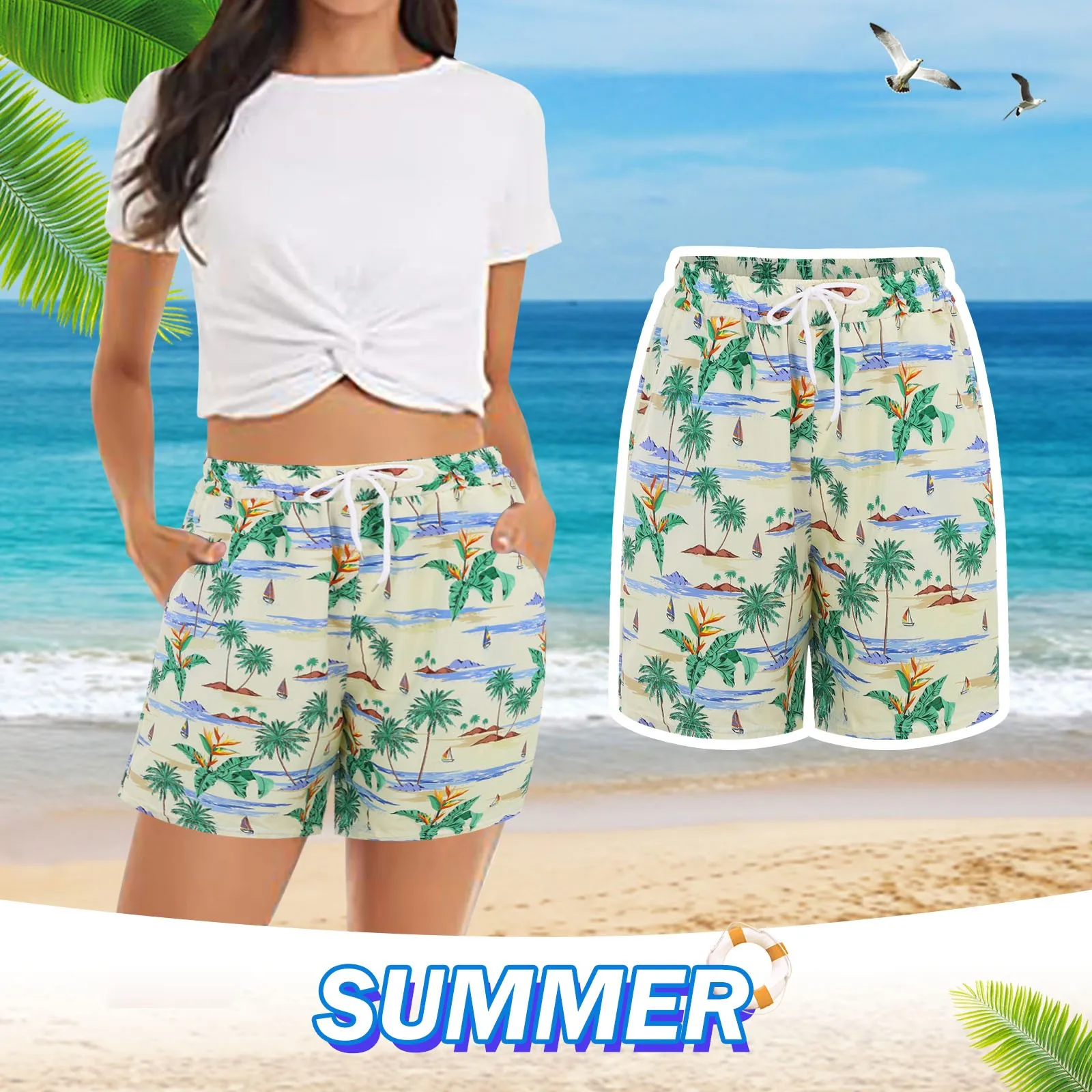 Coconut Tree Women\'s Printed Board Shorts Swim Trunks Pocket Summer New Comfort Breathable Short Hawaiian Style Holiday Beach