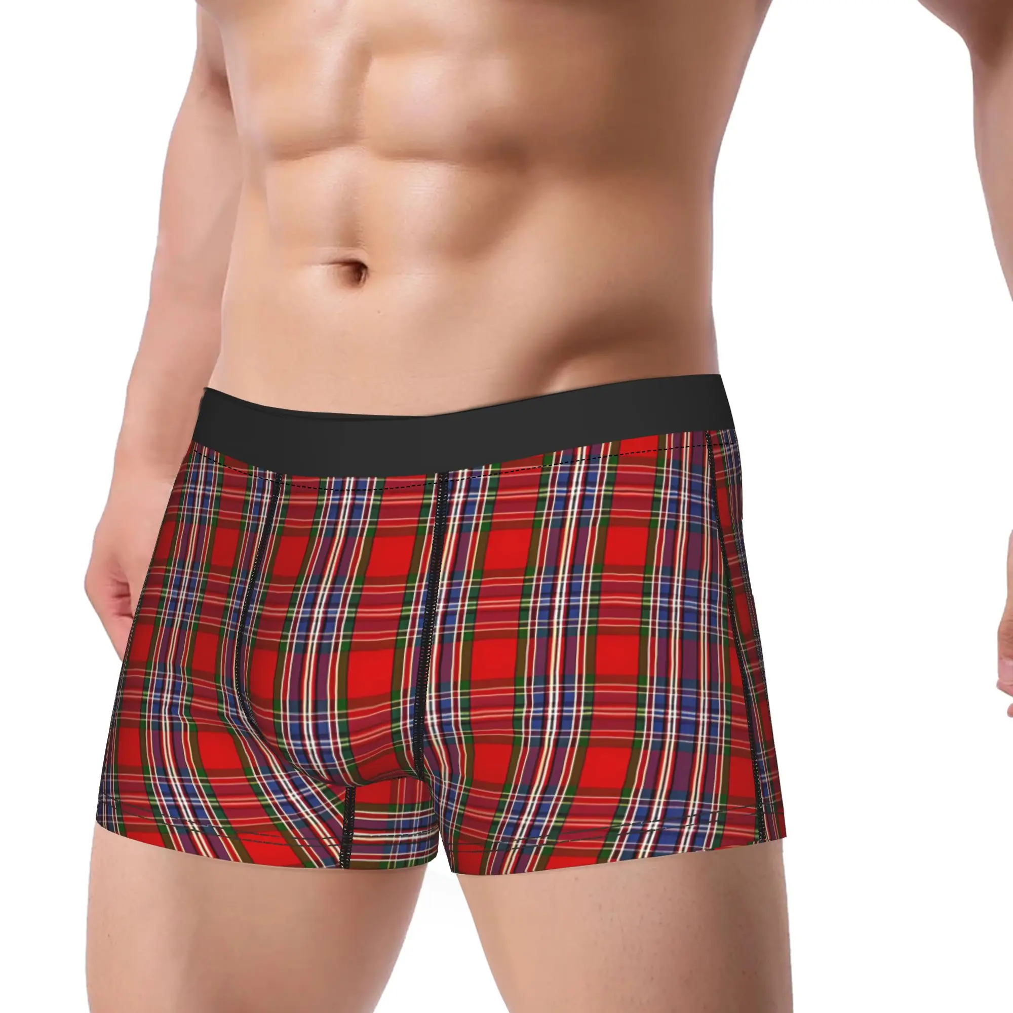 

Red Plaid Underwear Elastic Panties Printing Boxer Brief For Male Pouch Plus Size Trunk